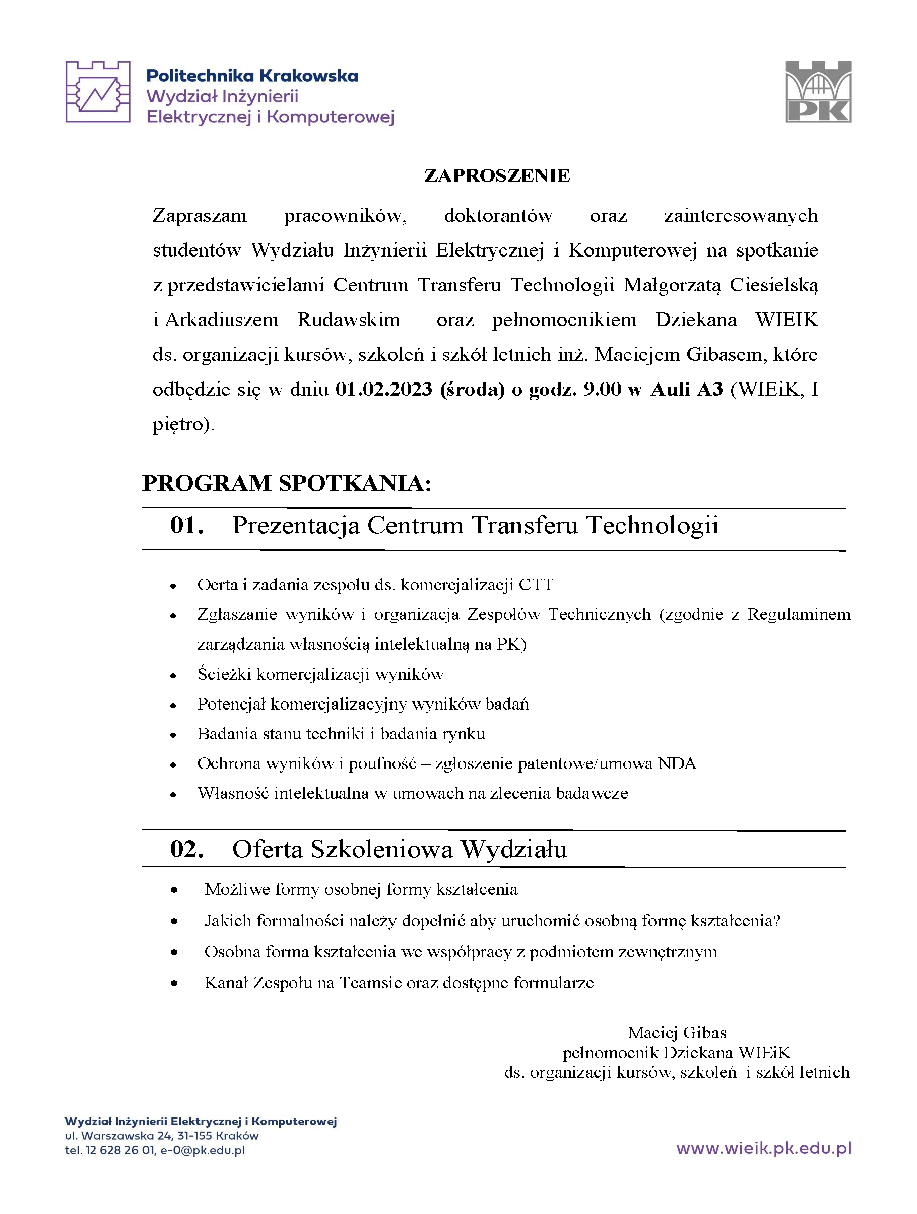 Spotkanie z przedstawicielami Centrum Transferu Technologii – 1.02.2023, 9:00, A3